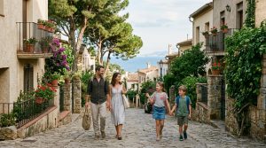 Family walking to school in a residential area near Barcelona