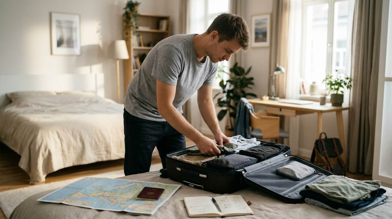 Student preparing luggage for an educational trip abroad